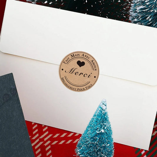 100/500pcs Roll Kraft Paper Merci French Thank You labels Stickers Envelope Package Seal Labels 25MM Baking Decorations