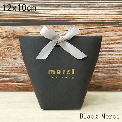 50pcs White Kraft Black Paper Bag Bronzing French "Merci" Thank You Gift Box Package Wedding Party Favor Candy Bags With Ribbon