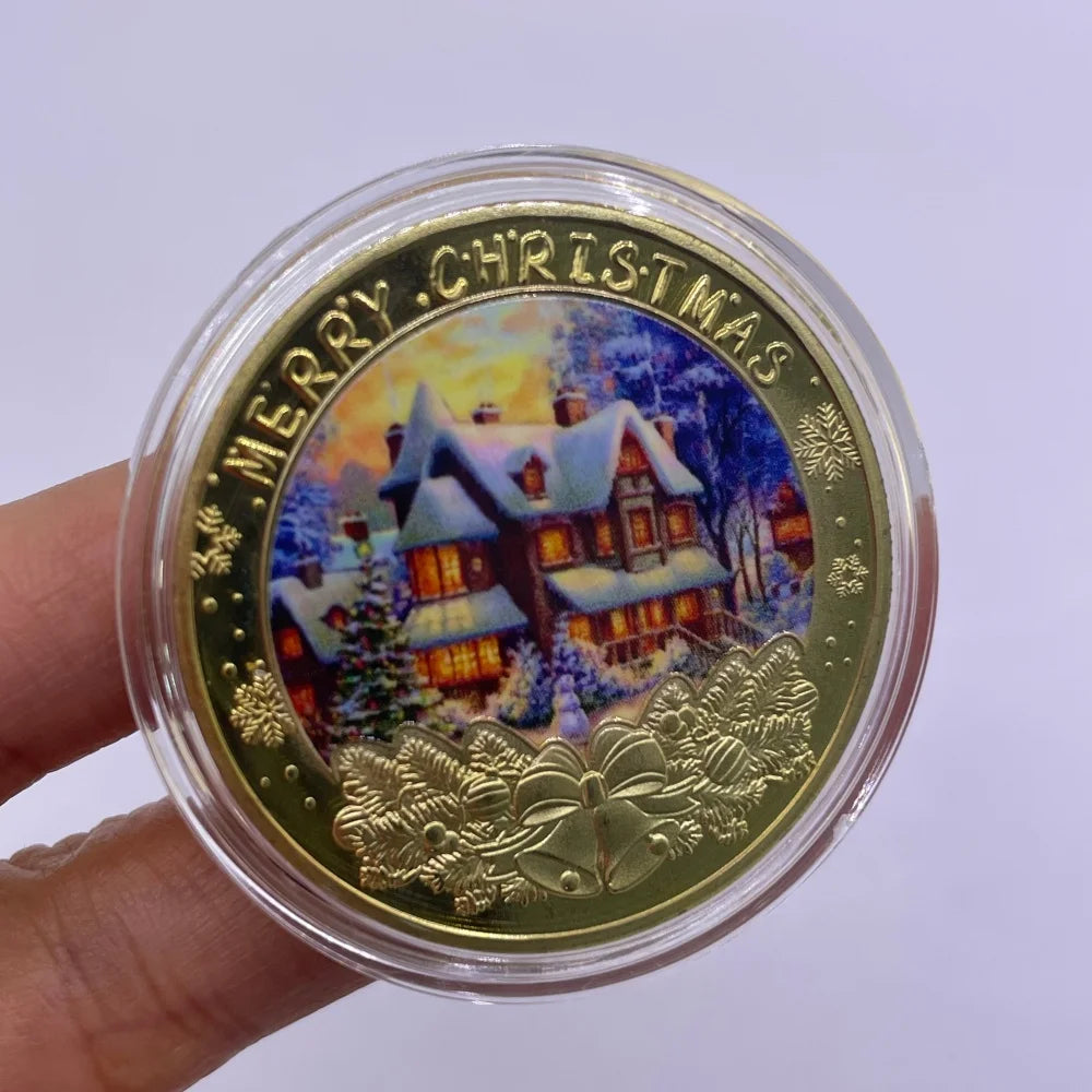 Best Xmas Gift! 17 Designs Christmas Gold&Silver Coin with Acrylic shell/Gift Box Collectible for Kids Friends Party Home Decor
