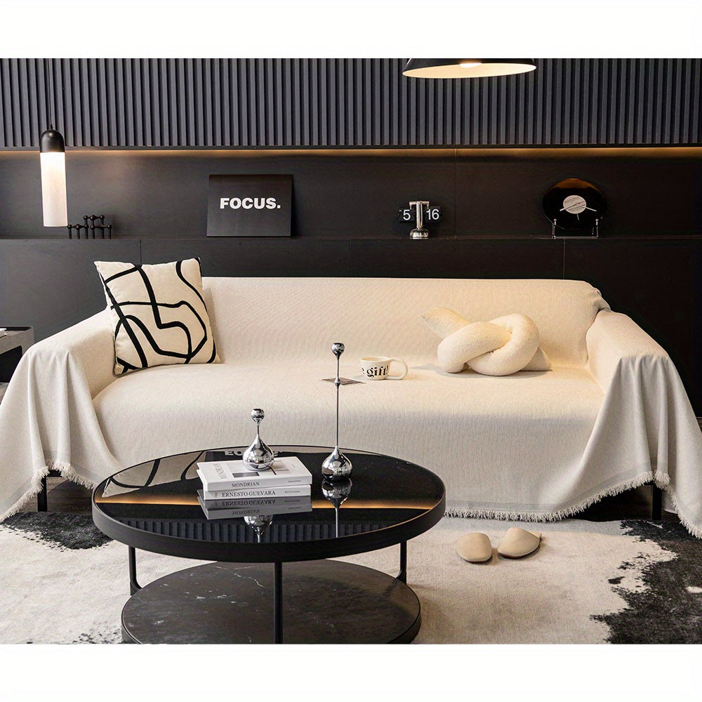 1pc Luxurious Waterproof Sofa Cover with Tassels - Durable, Washable, and Universal Furniture Protector for Living Room Home Decor - Stylish Couch Slipcover and Throw Blanket Alternative