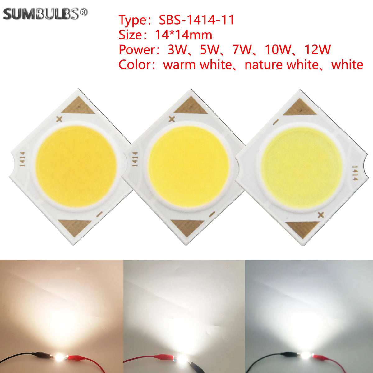 SUMBULBS 3W 5W 7W 10W 12W 14x14mm LED COB Light Source Epistar Chips Cold Warm Natural White for Spotlight Indoor Lamp