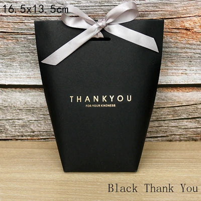 50pcs White Kraft Black Paper Bag Bronzing French "Merci" Thank You Gift Box Package Wedding Party Favor Candy Bags With Ribbon