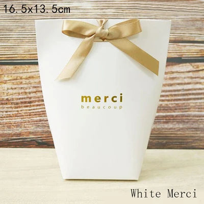 50pcs White Kraft Black Paper Bag Bronzing French "Merci" Thank You Gift Box Package Wedding Party Favor Candy Bags With Ribbon