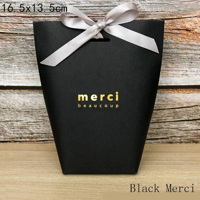 50pcs White Kraft Black Paper Bag Bronzing French "Merci" Thank You Gift Box Package Wedding Party Favor Candy Bags With Ribbon