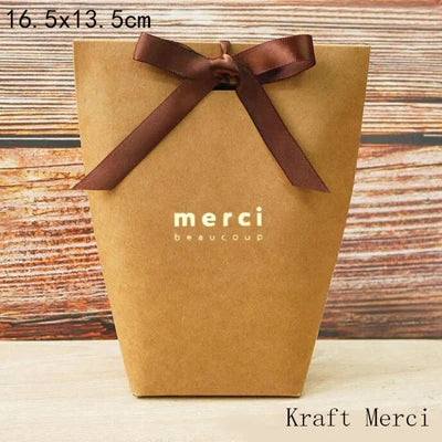 50pcs White Kraft Black Paper Bag Bronzing French "Merci" Thank You Gift Box Package Wedding Party Favor Candy Bags With Ribbon