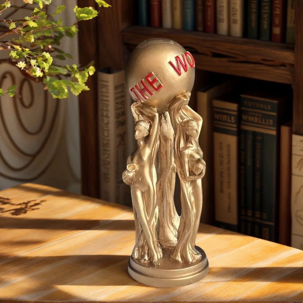 1 Piece of Accessible Luxury Three-Person Ball Art Ornament with Golden Texture and Ball Engraved with the World Is Yours. Inspirational Atmosphere Display for Living Room Desktop