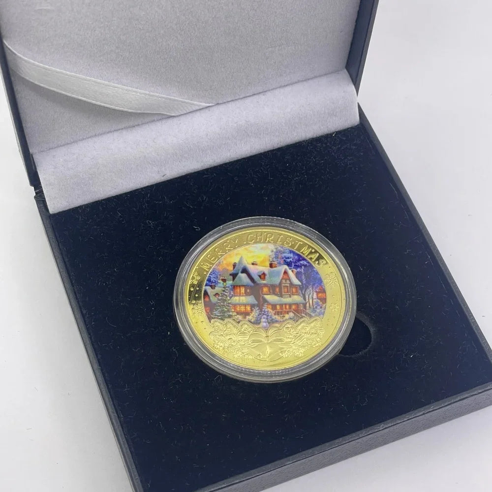 Best Xmas Gift! 17 Designs Christmas Gold&Silver Coin with Acrylic shell/Gift Box Collectible for Kids Friends Party Home Decor