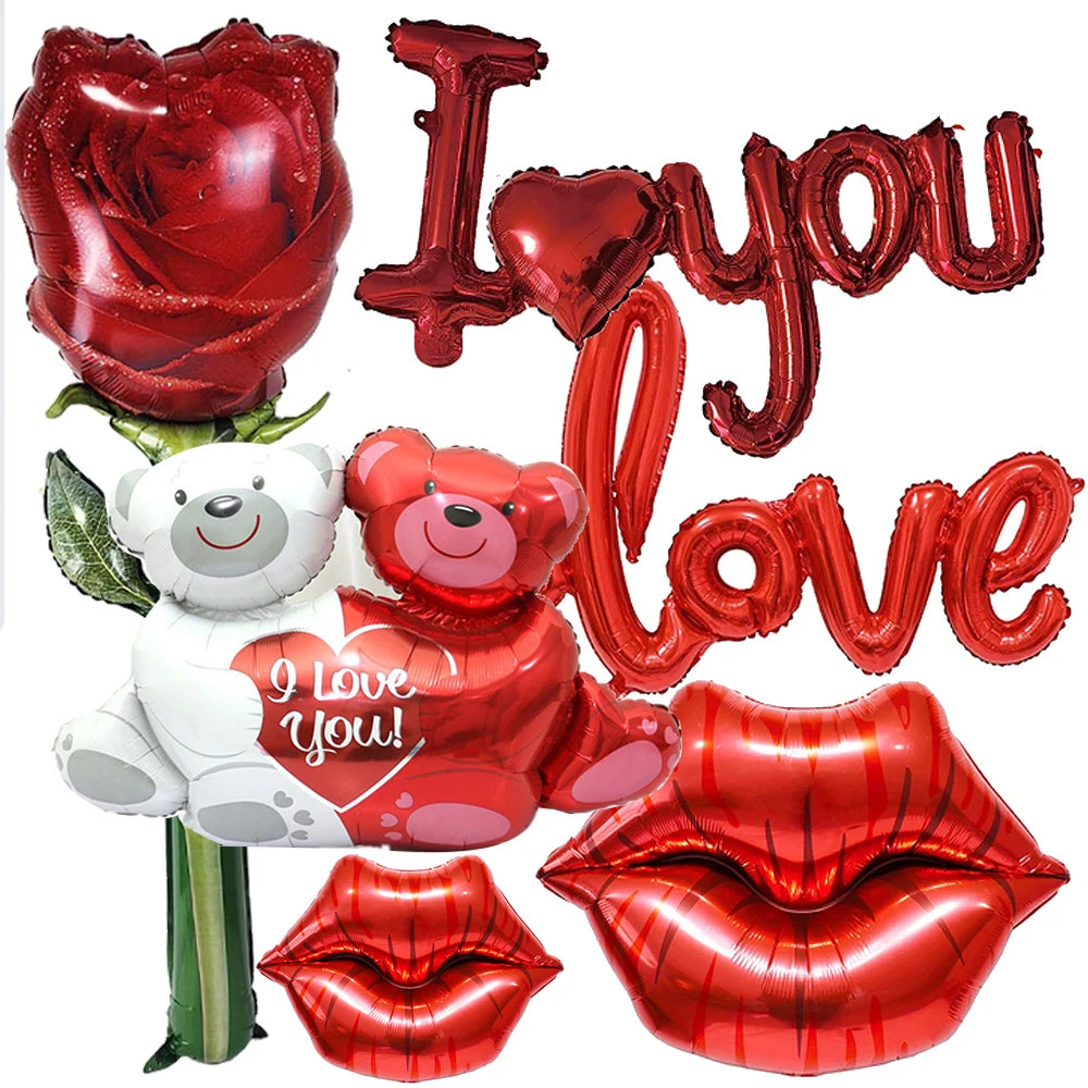 Valentine's Day I Love You Roses Red Lips Aluminum Foil Balloons Set Decoration For Couple Theme Festival Decoration Supplies