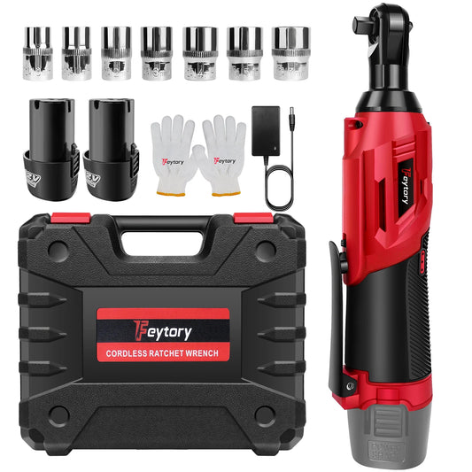 12V High-Torque 90°Cordless Electric Ratchet Wrench Set 3/8'' Angle Wrench with 2Durable 1500mAh Lithium-Ion Batteries,7 Sockets