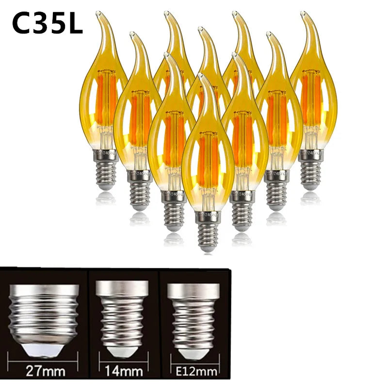 10PCS C35 Candle Bulb 4W 6W Dimmable Led Filament 220V 110V E12 E14 E27 Candelabra Base Flame Shape Lamps For Chandelier Light
