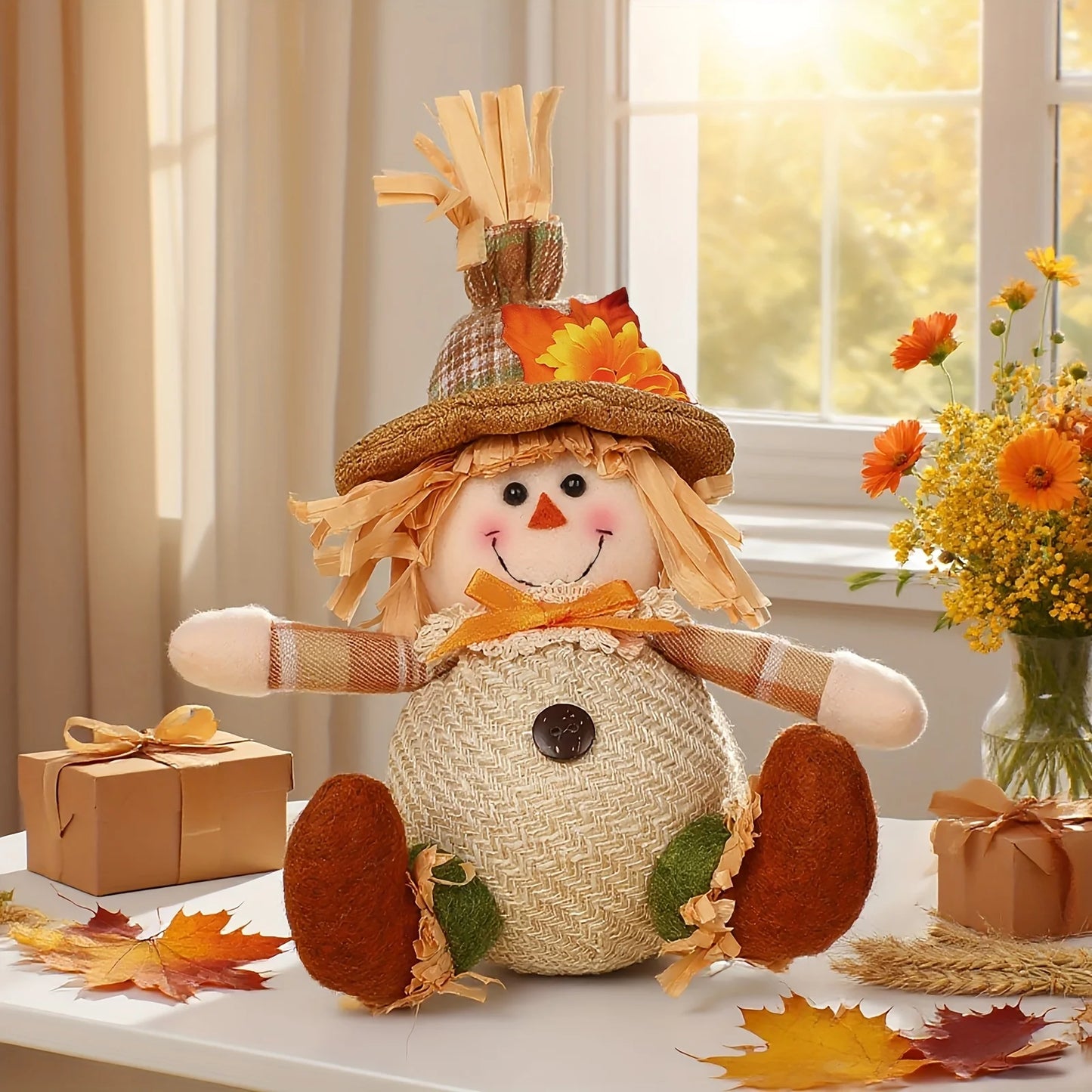 Rustic Autumn Harvest Scarecrow Decor, Plaid & Sunflower Accents for Thanksgiving, Halloween, Farmhouse Wall Decor, Party Props