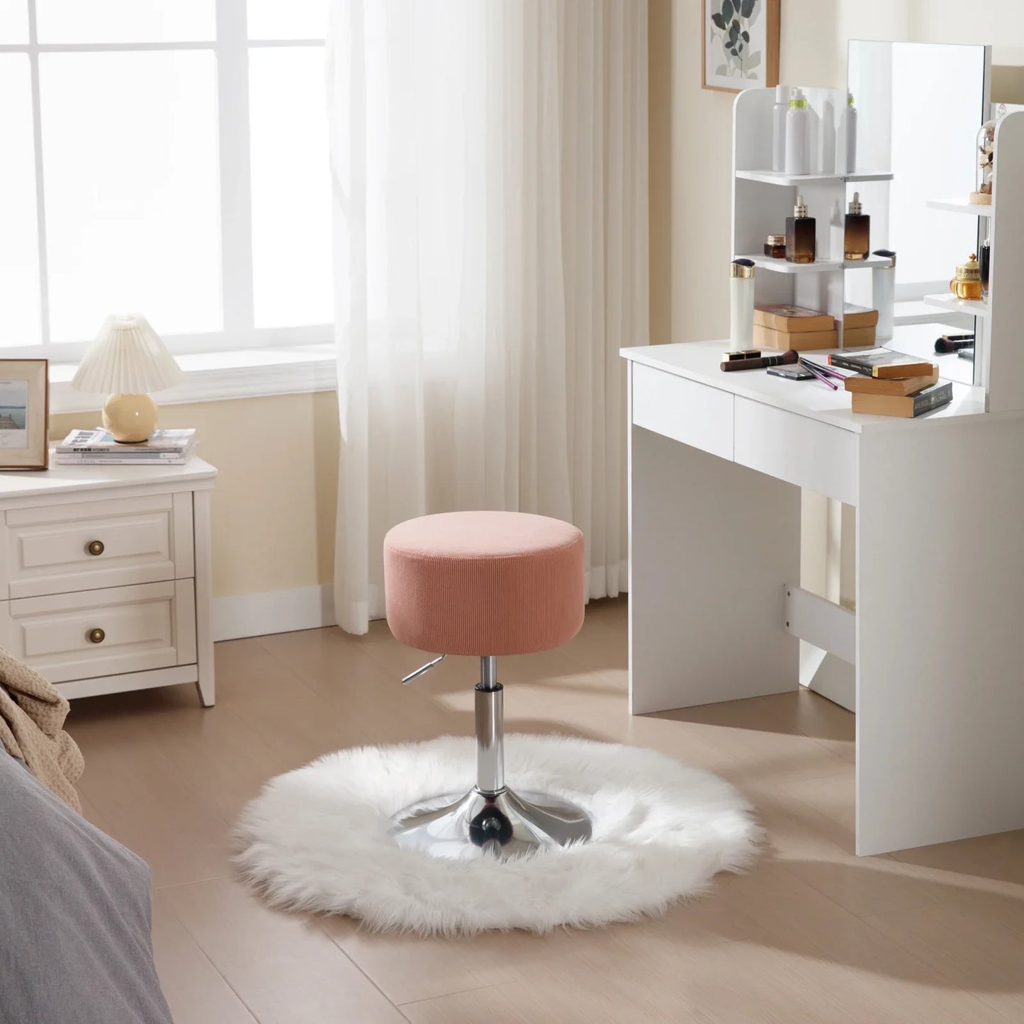 WOLTU 1PC White Round Swivel Bar Stools Height-Adjustable Makeup Stools Corduroy Padded Stools for Office Kitchen Home