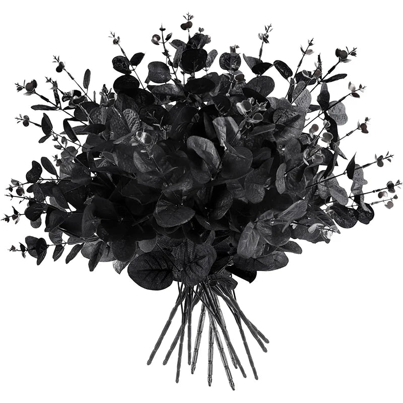 16 Forks Black Artificial Rattan Eucalyptus Leaves Fake Flowers Bouquet for Home Room Decor Thanksgiving Halloween Decoration