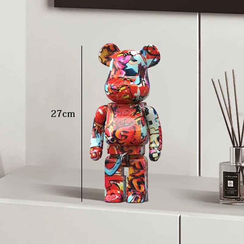 27cm Graffiti Bear Statue Paint Block Bear Decor Resin Desktop Ornaments Home Decoration Living Room Bear Floor Sculpture Gifts