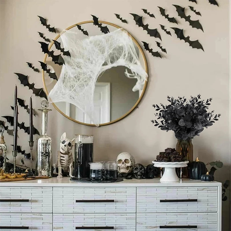 16 Forks Black Artificial Rattan Eucalyptus Leaves Fake Flowers Bouquet for Home Room Decor Thanksgiving Halloween Decoration