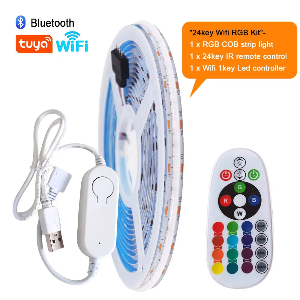 5V Wifi Bluetooth-compatible USB RGB COB LED Strip Light 24key 44key Remote Control Kit 576 LEDs Linear Lighting Flexible Tape