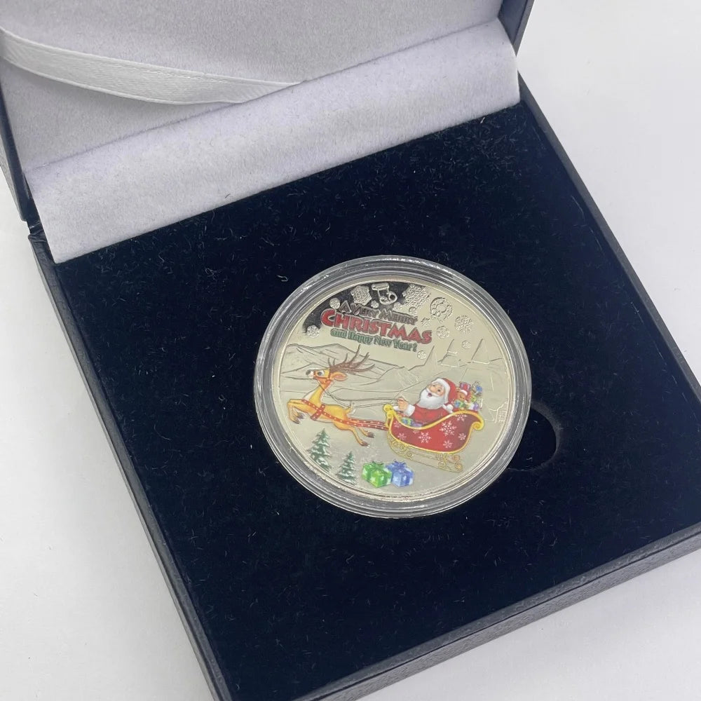 Best Xmas Gift! 17 Designs Christmas Gold&Silver Coin with Acrylic shell/Gift Box Collectible for Kids Friends Party Home Decor