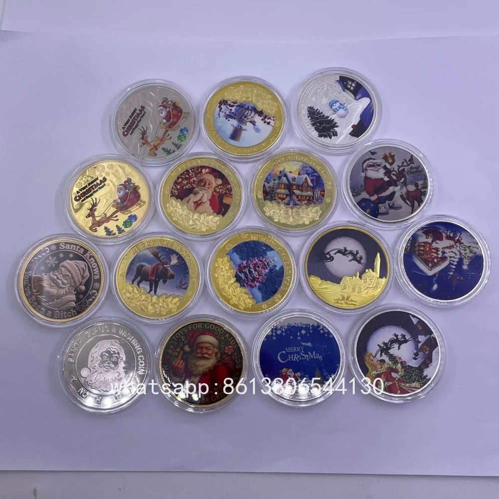 Best Xmas Gift! 17 Designs Christmas Gold&Silver Coin with Acrylic shell/Gift Box Collectible for Kids Friends Party Home Decor