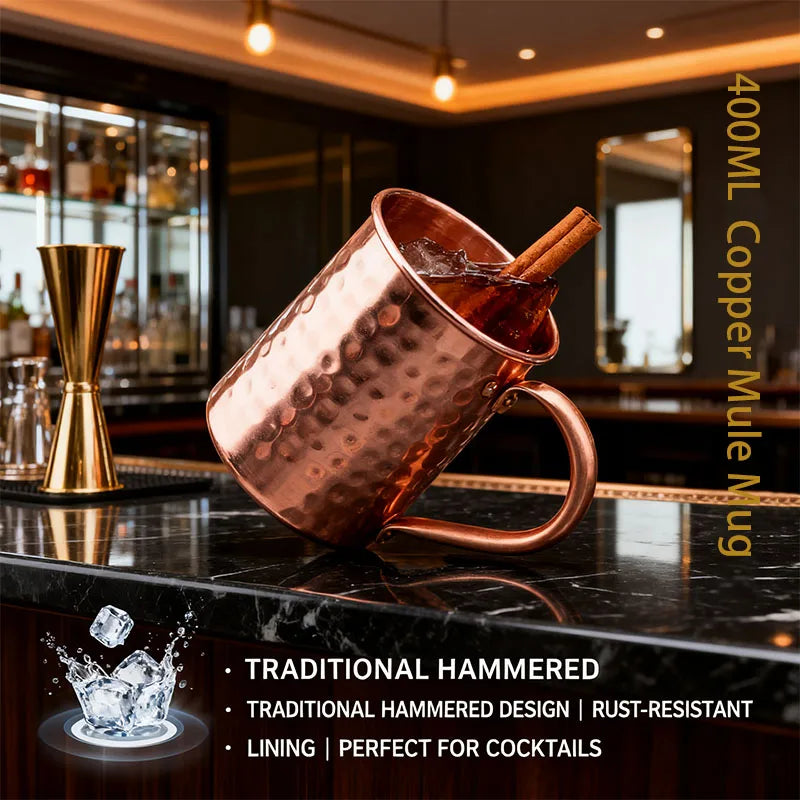 400ml Hammered Pure Copper Moscow Mule Mug | Classic Copper Cocktail Mug | Hand-Hammered Finish | Insulated Feel | Vintage Gift