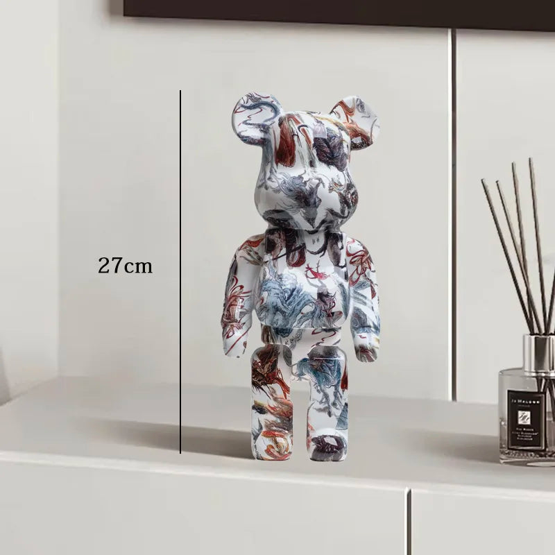 27cm Graffiti Bear Statue Paint Block Bear Decor Resin Desktop Ornaments Home Decoration Living Room Bear Floor Sculpture Gifts