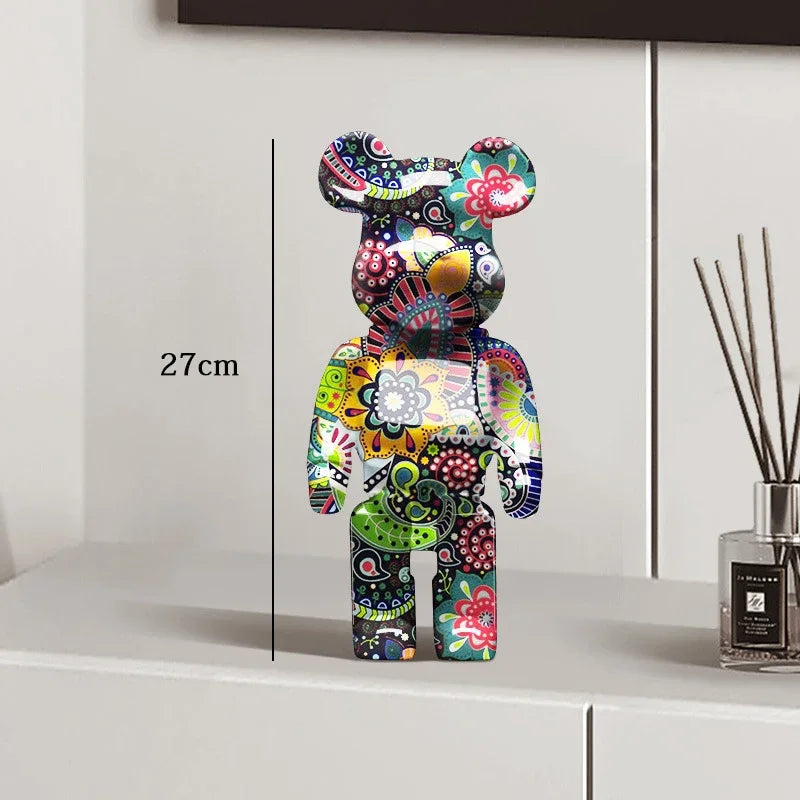 27cm Graffiti Bear Statue Paint Block Bear Decor Resin Desktop Ornaments Home Decoration Living Room Bear Floor Sculpture Gifts