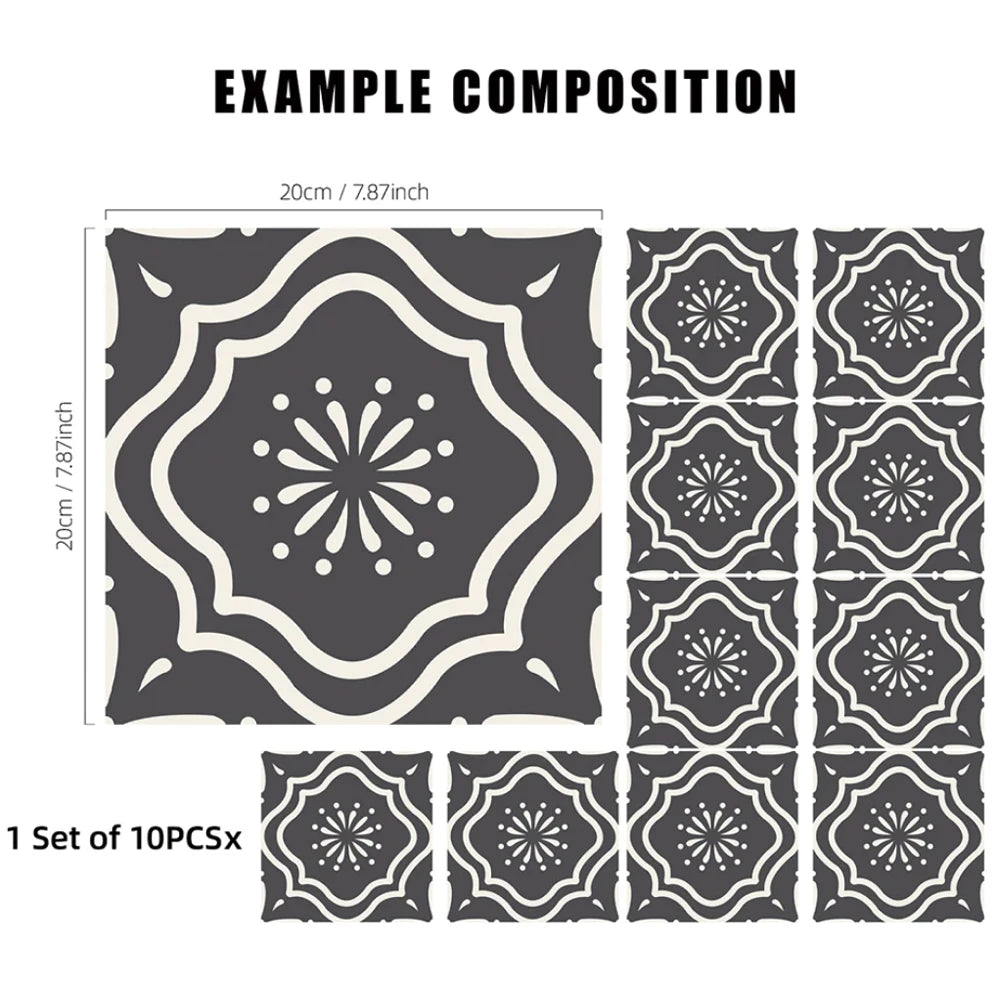Flora Moroccan Tile Stickers Peel and Stick Self Adhesive Decorative for Wall，Vinyl Backsplash Floor Tile Decals set for 10pcs