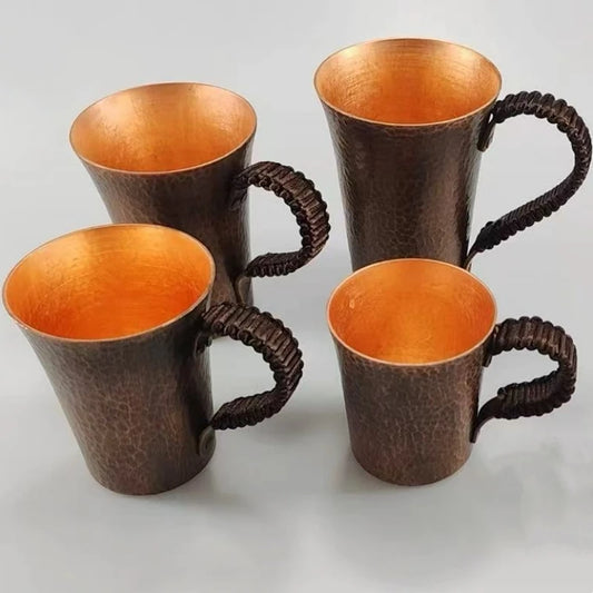 Vintage Pure Copper Coffee Cup,Mug Moscow Mule Tumbler Engraving Hammer Texture Woven Handle 450 ml Beer Mug,Tea Cup Tableware