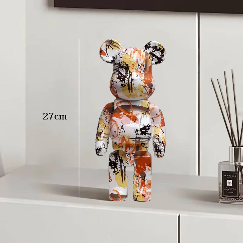 27cm Graffiti Bear Statue Paint Block Bear Decor Resin Desktop Ornaments Home Decoration Living Room Bear Floor Sculpture Gifts