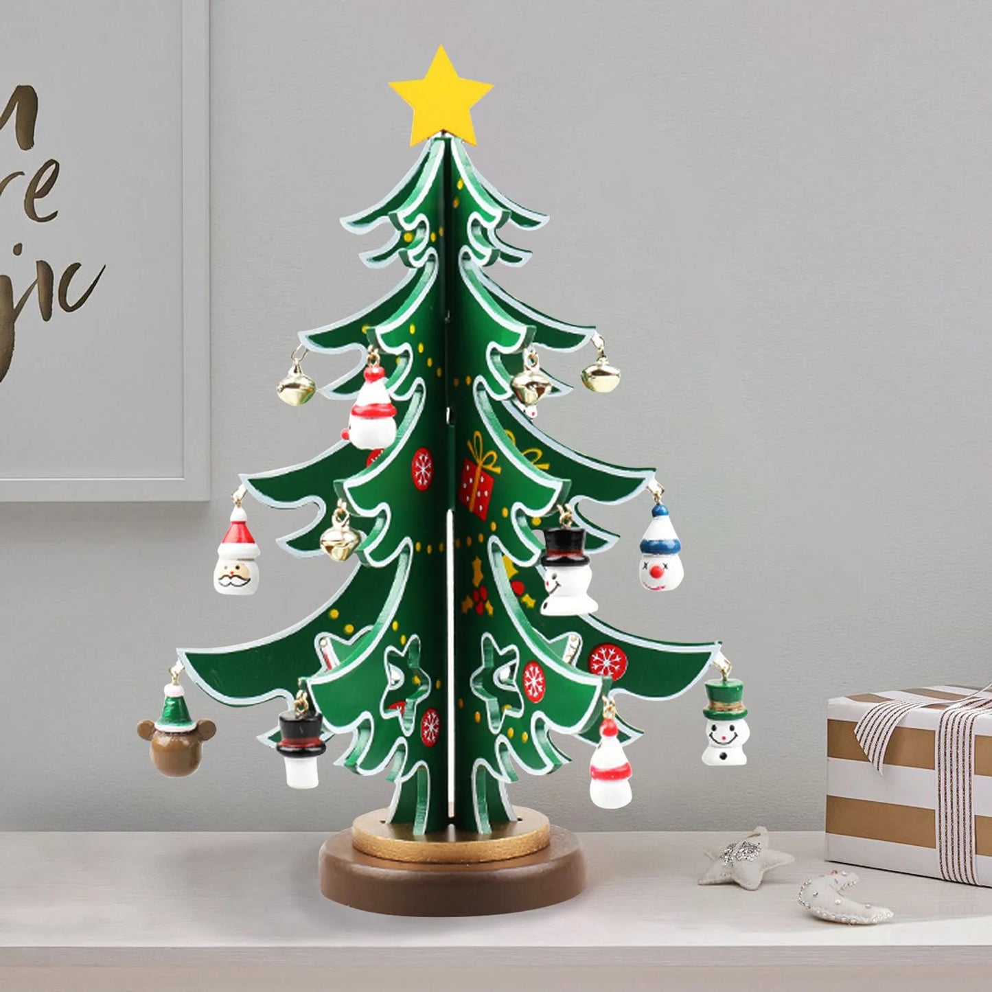 Christmas Wooden 3D Tree Ornament Festive Holiday Decor Tabletop Decoration Accessory Indoor Christmas Party Favor