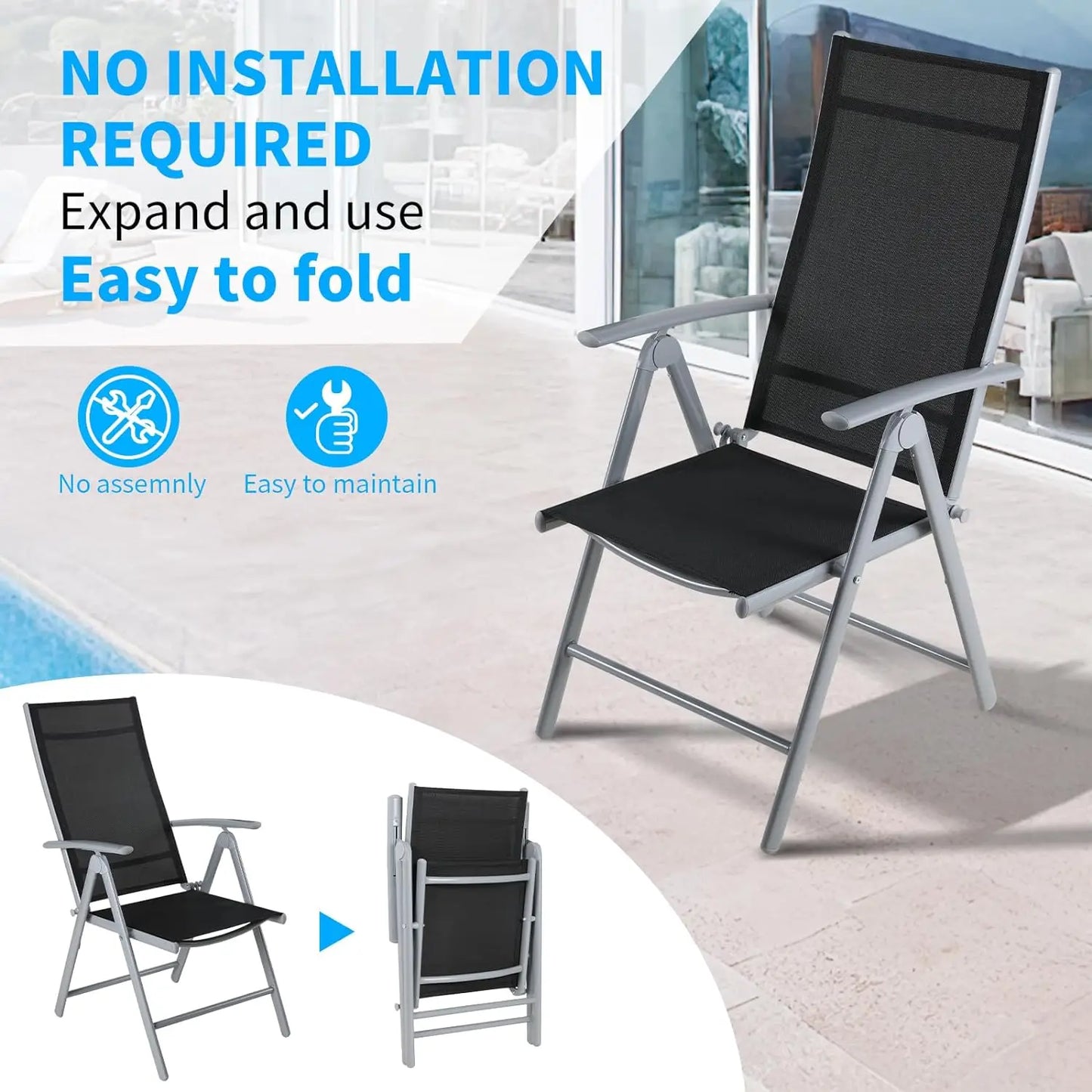 2PCS Foldable Lounge Chair Patio Folding Dining Chairs Aluminum Padded Adjustable High Back Lightweight Lawn Chair, Load 120kg