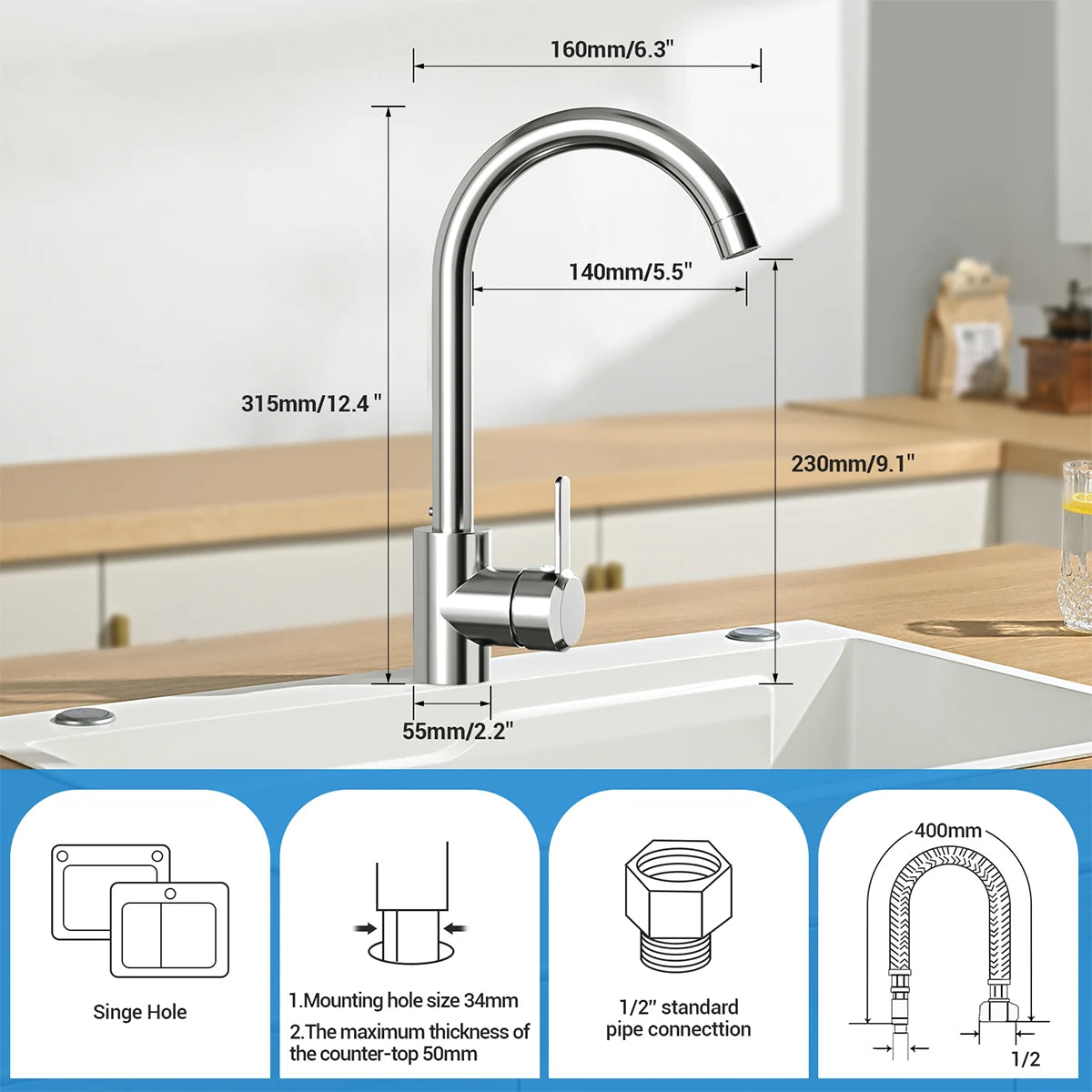 304 Stainless Steel Kitchen Taps Single Lever Kitchen Sink Faucet Hot And Cold Water Vertical Rotatable Water Purifier Faucets