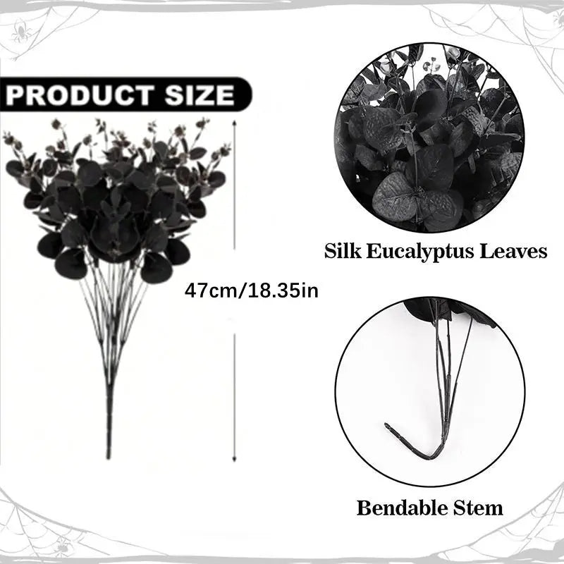 16 Forks Black Artificial Rattan Eucalyptus Leaves Fake Flowers Bouquet for Home Room Decor Thanksgiving Halloween Decoration