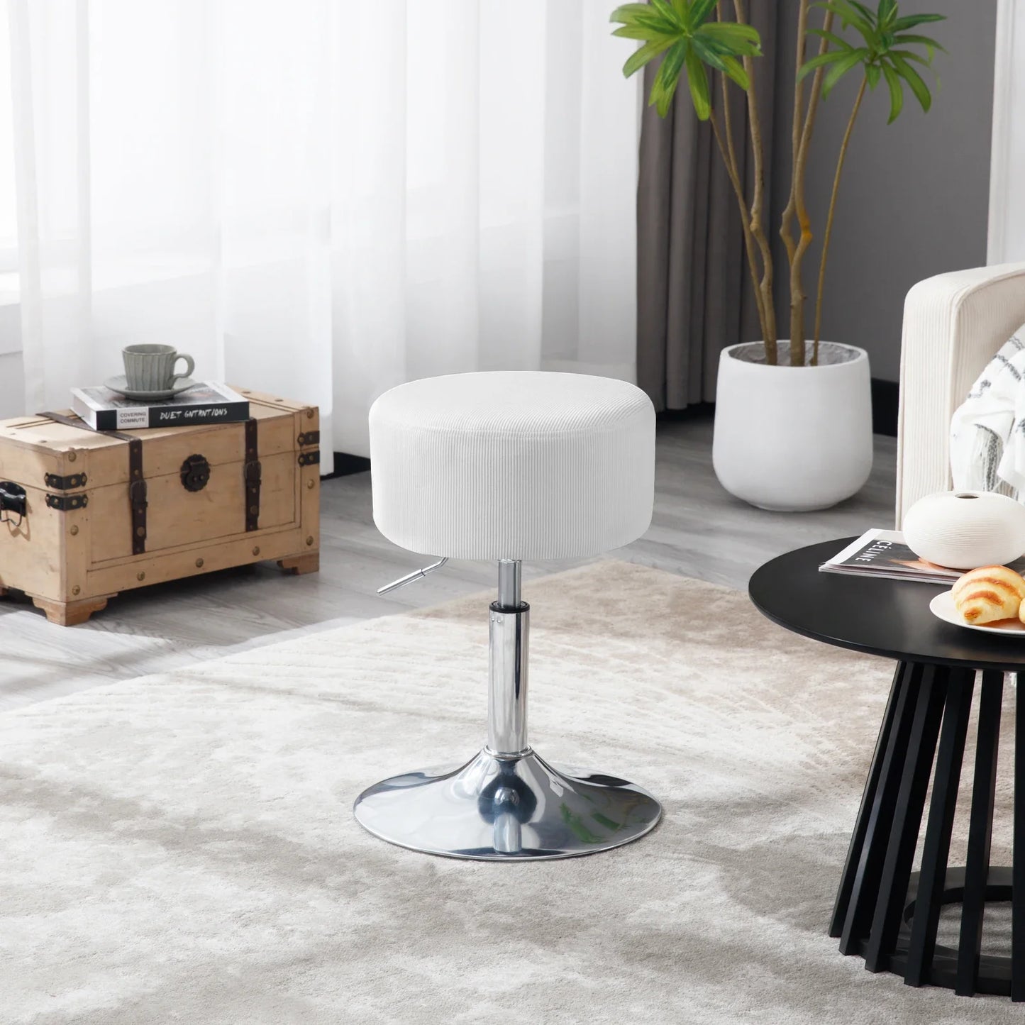 WOLTU 1PC White Round Swivel Bar Stools Height-Adjustable Makeup Stools Corduroy Padded Stools for Office Kitchen Home