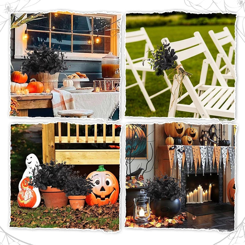 16 Forks Black Artificial Rattan Eucalyptus Leaves Fake Flowers Bouquet for Home Room Decor Thanksgiving Halloween Decoration