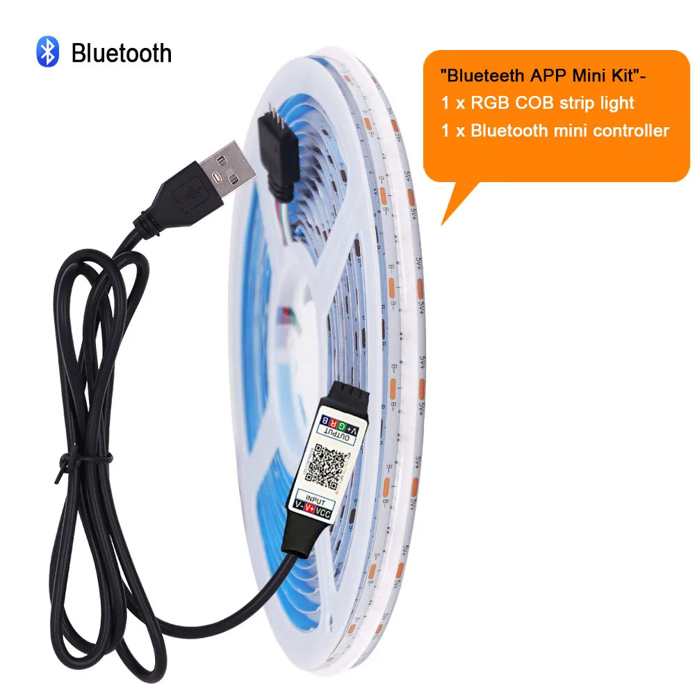 5V Wifi Bluetooth-compatible USB RGB COB LED Strip Light 24key 44key Remote Control Kit 576 LEDs Linear Lighting Flexible Tape