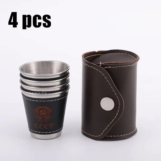 Vodka Cup,304 PU Holster Stainless Steel Wine Tumbler Portable Waist Personalized Liquor Spirits Cup 4pcs 70ml Shot Glass Set