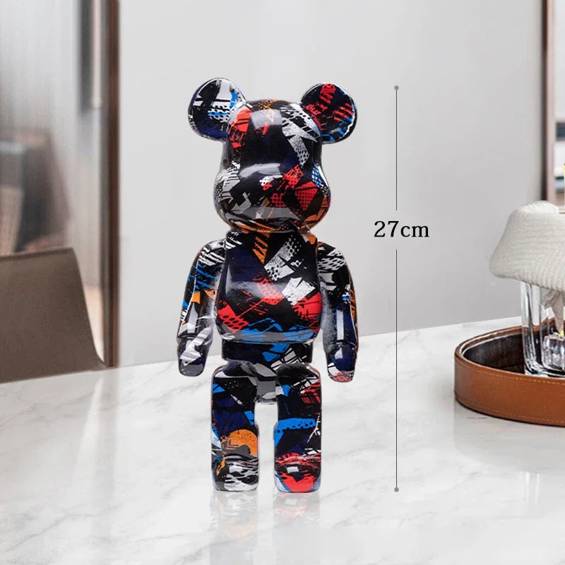 27cm Graffiti Bear Statue Paint Block Bear Decor Resin Desktop Ornaments Home Decoration Living Room Bear Floor Sculpture Gifts