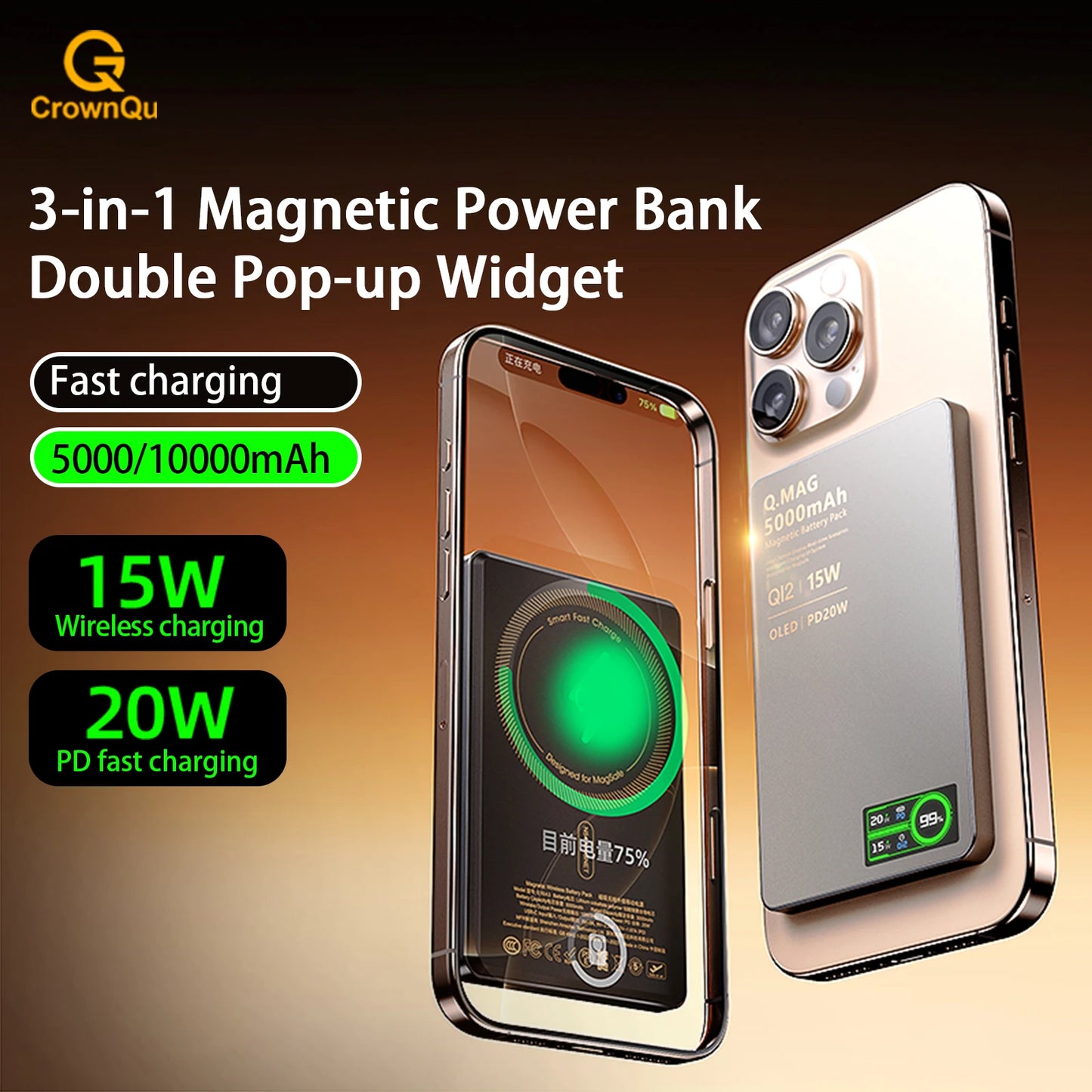 3 In 1 Magnetic Power Bank battery QI 15W Wireless Fast Charing With Intelligent  LCD Screen for iPhone 12-17 Pro Watch Airpods