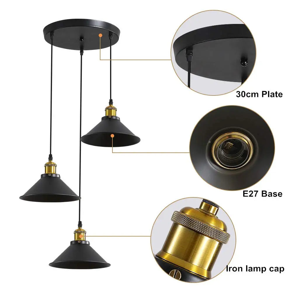 3 Lights Vintage Industrial Pendant Light, Metal Edison Design,Black Metal Hanging Chandeliers,E27 Ceiling Lighting for Kitchen