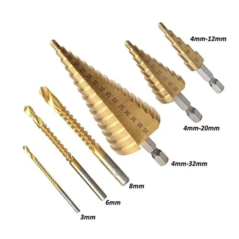 6 PCS/set Titanium Coated Drill Bit Set Including 3 Sizes of Step Drill Bits Twist Drill Bits for Metalworking Woodworking