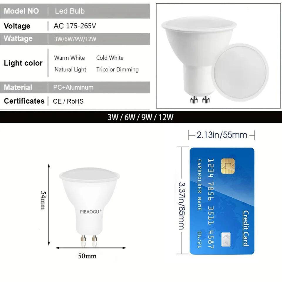 4PCS LED Spotlight Bulb GU10 AC220V 3W 6W 9W 12W 180 Degree Beam Angle High Lumen Indoor LED Energy Saving Lights Bulb