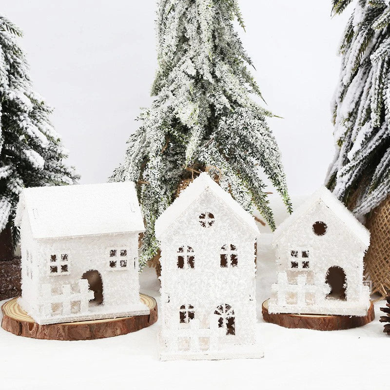 Xmas Ornament Christmas Led Light Wooden House with Snowflake Luminous Cabin Christmas Decorations
