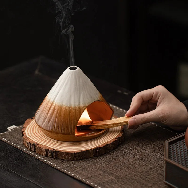 Mount Fuji Glazed Incense Fireplace - Large Kiln-Fired Ceramic Burner for Palo Santo Sage Cedar, Spiritual Meditation Home