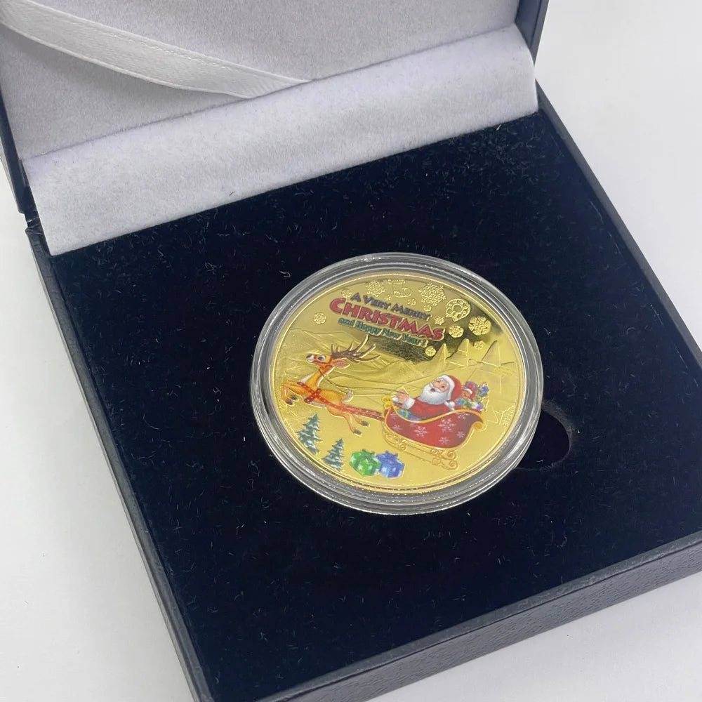 Best Xmas Gift! 17 Designs Christmas Gold&Silver Coin with Acrylic shell/Gift Box Collectible for Kids Friends Party Home Decor