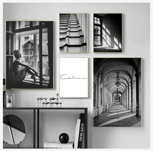 Wall Art S Prints Wall Pictures For Living Room Scandinavian Nordic Black And White Building Canvas Painting Girl