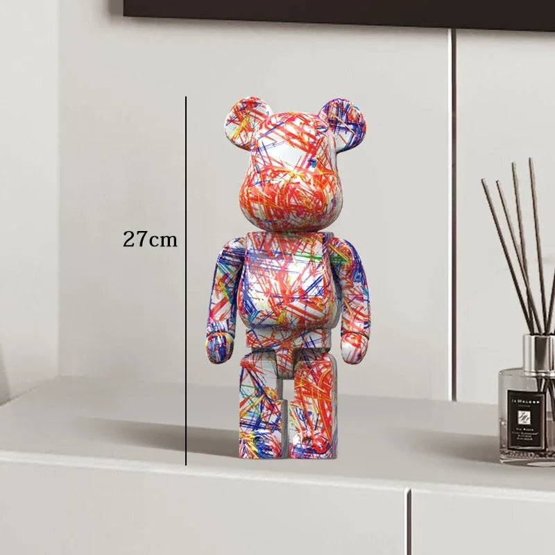 27cm Graffiti Bear Statue Paint Block Bear Decor Resin Desktop Ornaments Home Decoration Living Room Bear Floor Sculpture Gifts