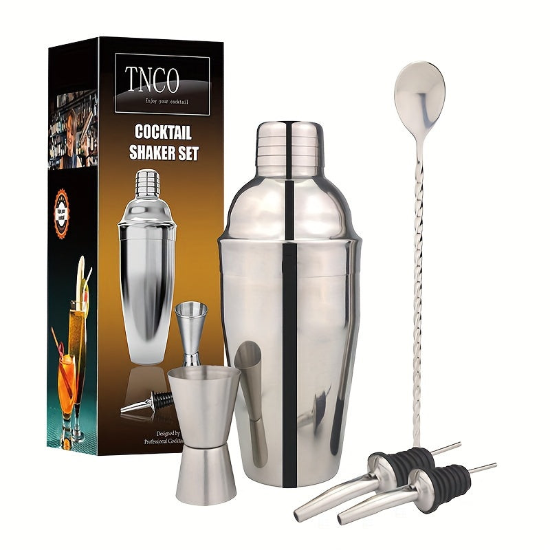 5pcs, Cocktail Shaker Set, Including 750ml/25.4oz Stainless Steel Cocktail Shaker, Bar Spoon, Double Jigger And Pour Spouts, Bar Accessories, For Bar, Pub, Club Use