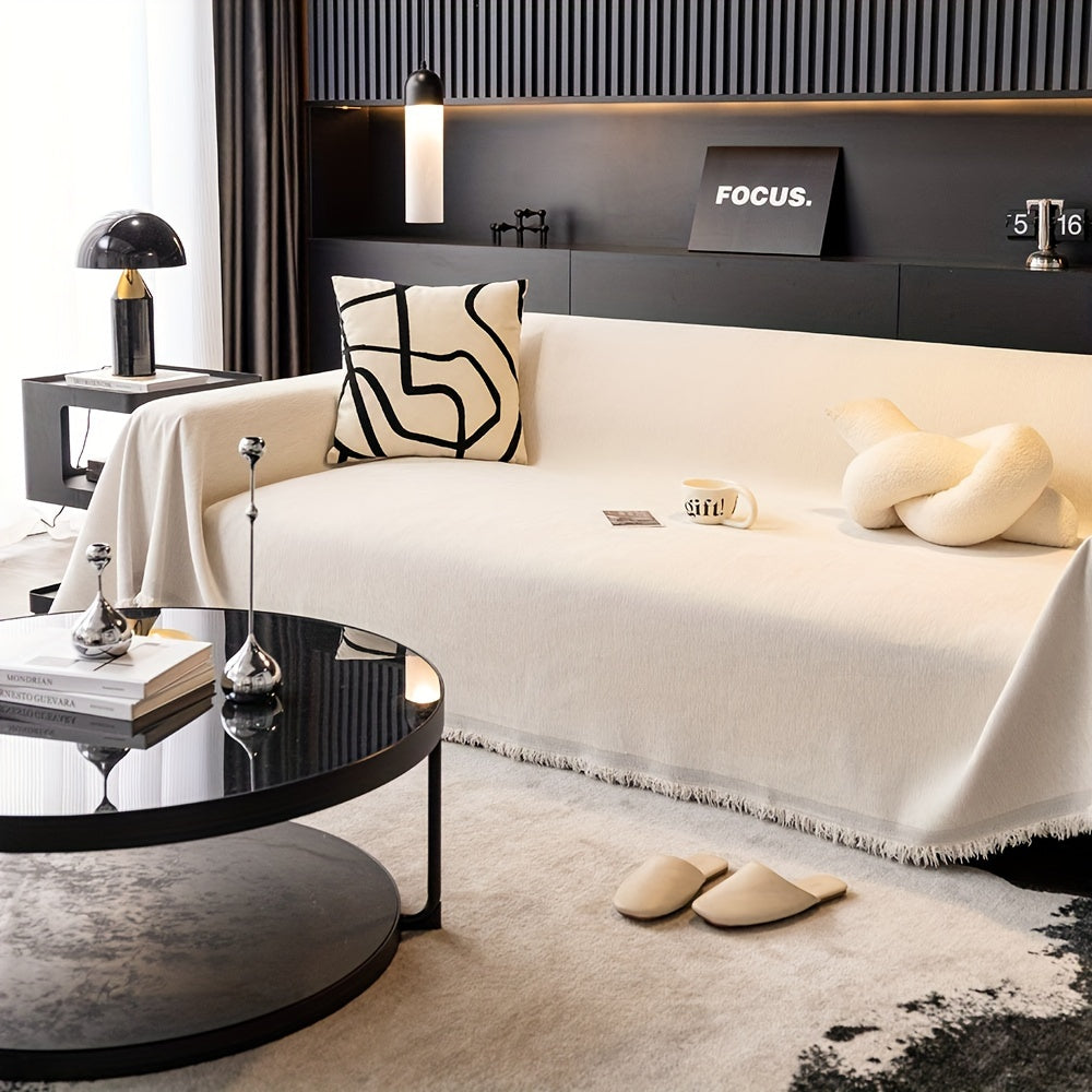 1pc Luxurious Waterproof Sofa Cover with Tassels - Durable, Washable, and Universal Furniture Protector for Living Room Home Decor - Stylish Couch Slipcover and Throw Blanket Alternative